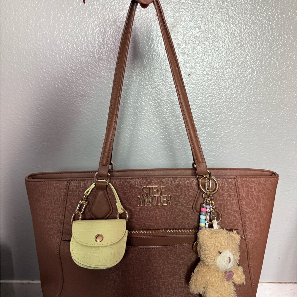 Steve Madden Brown Tote with Yellow Mini Pouch and Teddy Charm
